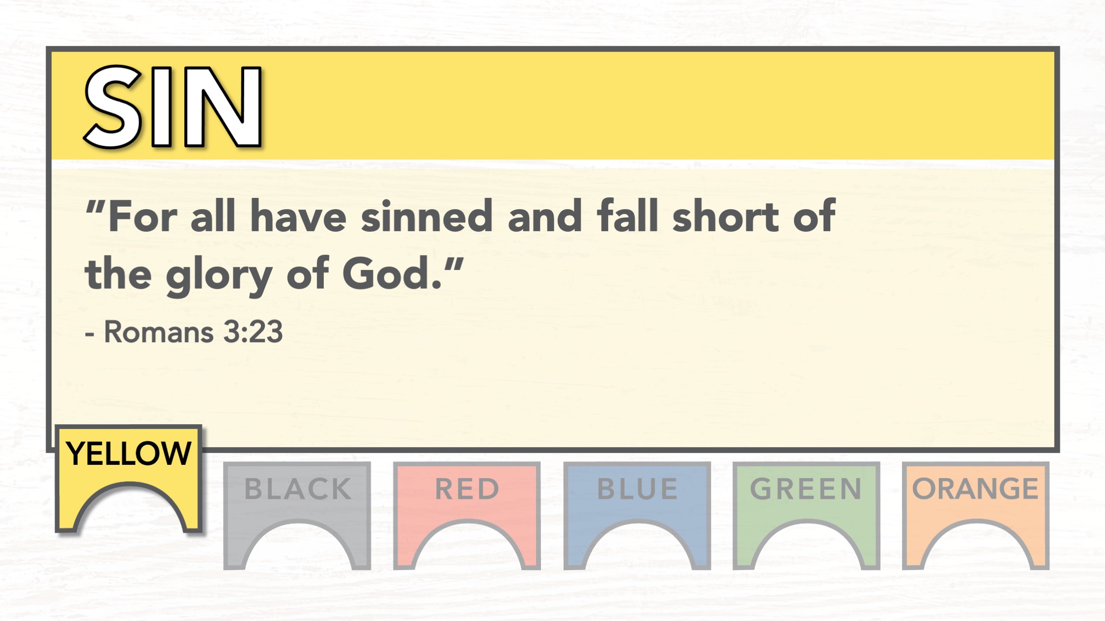 Yellow - Sin: "For all have sinned and fall short of the glory of God." Romans 3:23