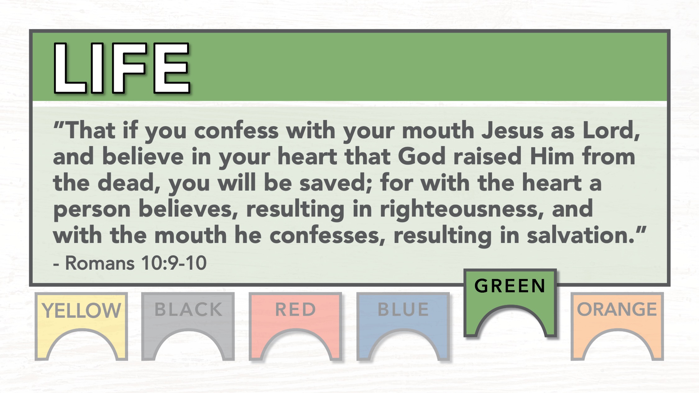 Green - Life: "That if you confess with your mouth Jesus as Lord, and believe in your heart that God raised Him from the dead, you will be saved; for with the heart a person believes, resulting in righteousness, and with the mouth he confesses, resulting in salvation." Romans 10:9-10